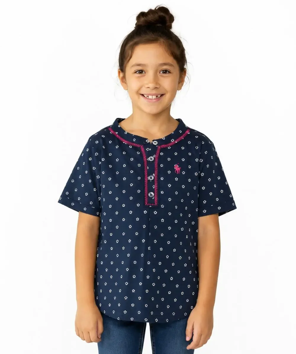 U.S. Polo Assn. Girls Navy Polka Dot Short Sleeve Henley Shirt Size 6X EUC